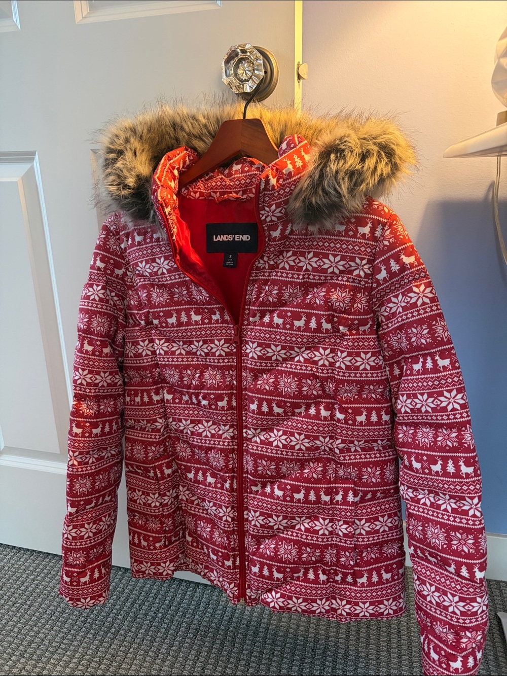 Lands' End Fair Isle-Print Puffer Jacket with Removable Faux-Fur Trimmed Hood